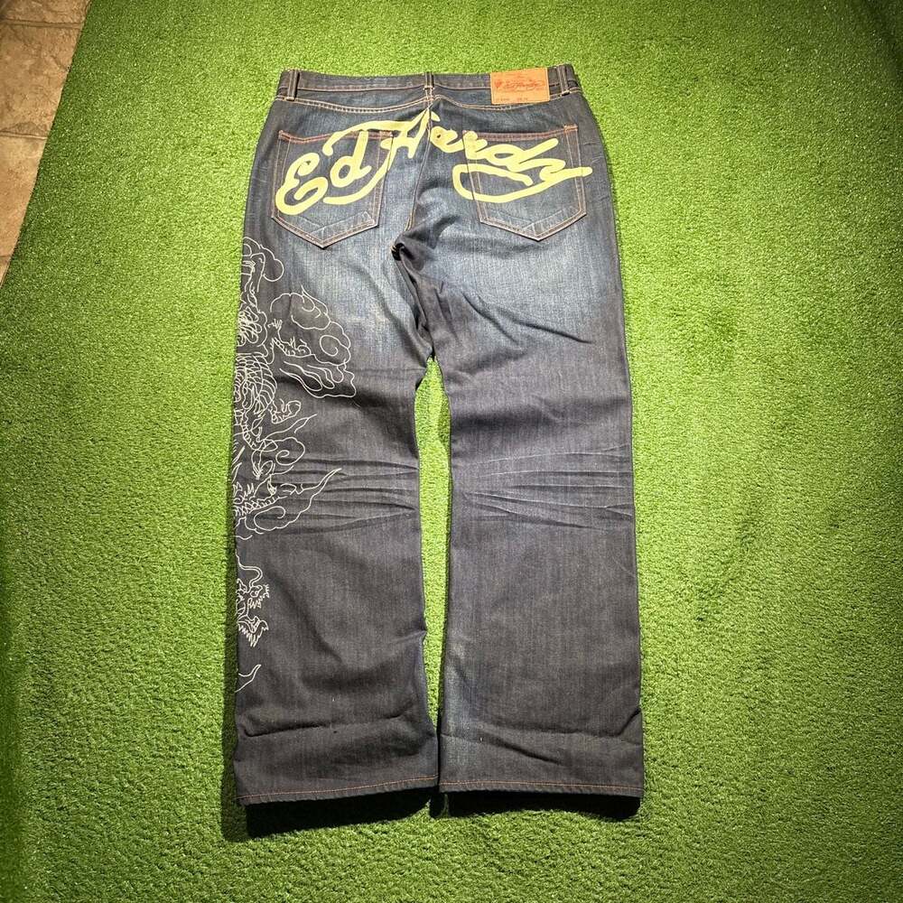Ed Hardy by Christian Audigier Men's Dragon Embroidered Dark Wash Denim Jeans